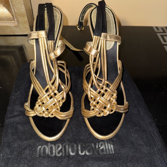 Roberto Cavalli Shoes - Roberto Cavalli Gold and Black Heels with Strappy Design